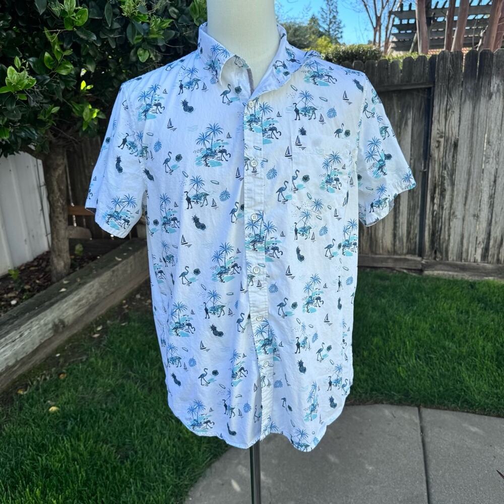 Lee Shirt Mens Large White Blue Tropical Palm Trees Flamingos Button Up